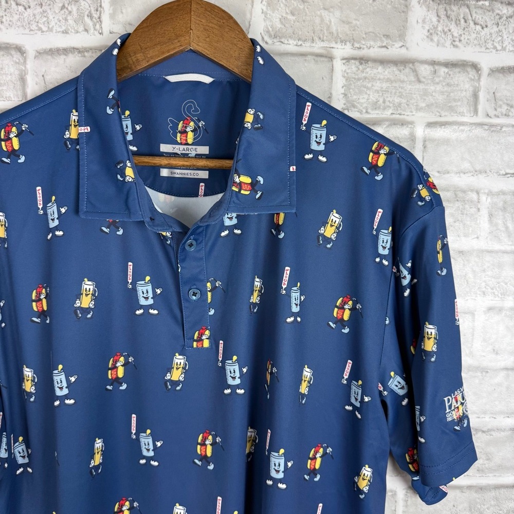 Swannies Golf Polo Shirt Mens XL Blue Hot Dog Beer Print Las Vegas Paiute Resort